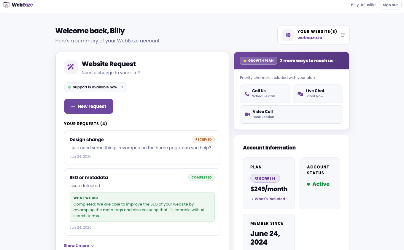 The portal account overview showing plan, status, and member since date
