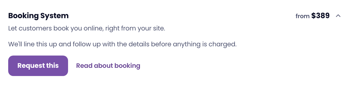 The Booking System add-on in the portal with a Request this button