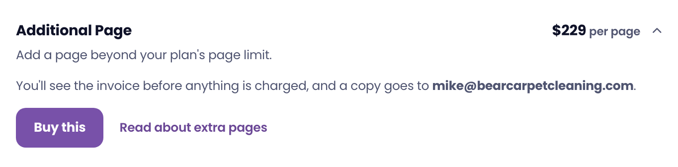 The Additional Page add-on in the portal, a one-time fee per page, with a Request this button