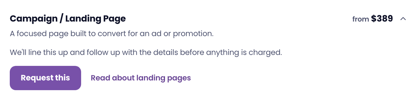 The Campaign / Landing Page add-on in the portal with a Request this button