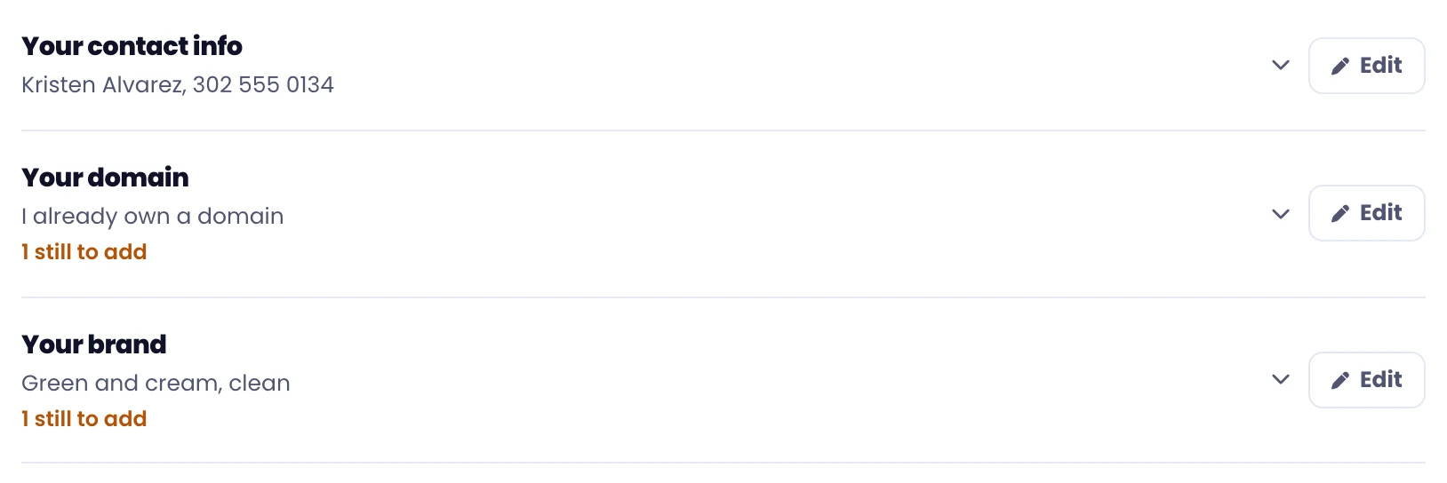 Three sections of your business info in the portal, each with its own Edit button