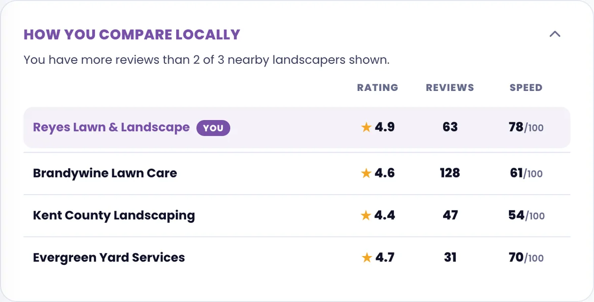 The compare locally section comparing your business to nearby competitors