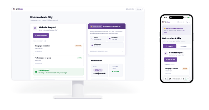 The WebEaze client portal shown side by side on a desktop monitor and a mobile phone