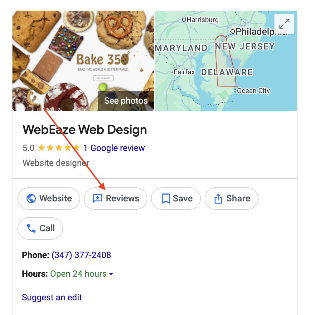 Screenshot of Google search results showing a business profile with a 'Write a review' button.