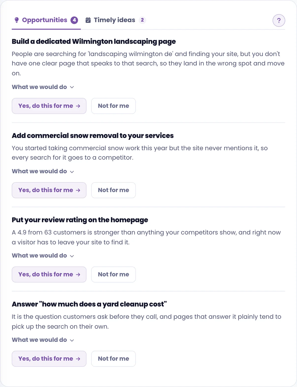 The growth opportunities section listing prioritized suggestions