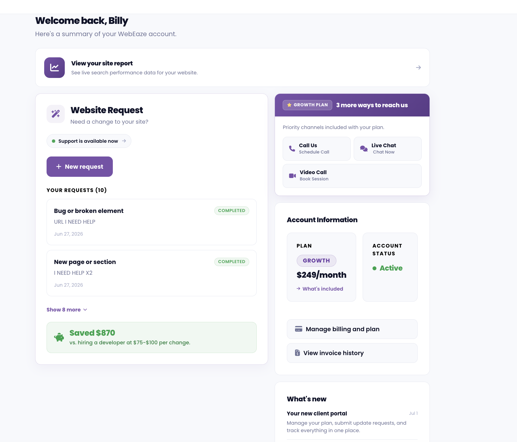 The portal home page showing the site report, new request, and account overview cards