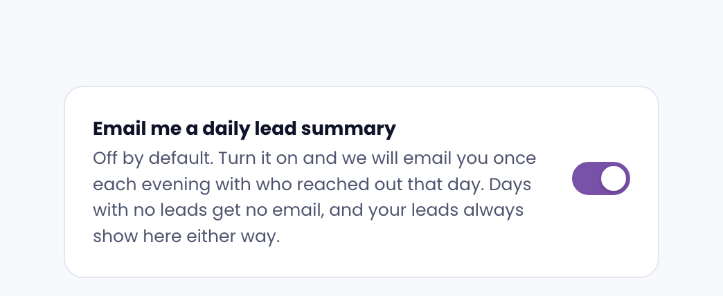 The daily lead summary switch at the bottom of the Leads page, turned on