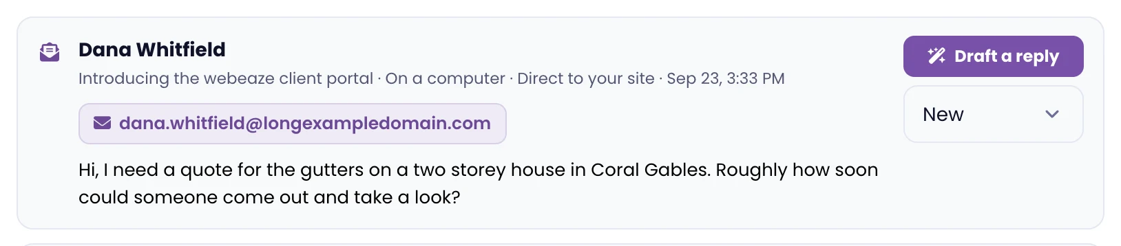 One lead in the portal: who got in touch, what page they came from, their email and a Draft a reply button