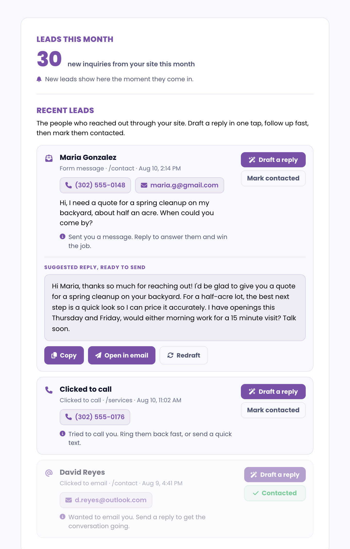Your leads in the portal, showing each person who reached out with their details and a Draft a reply button