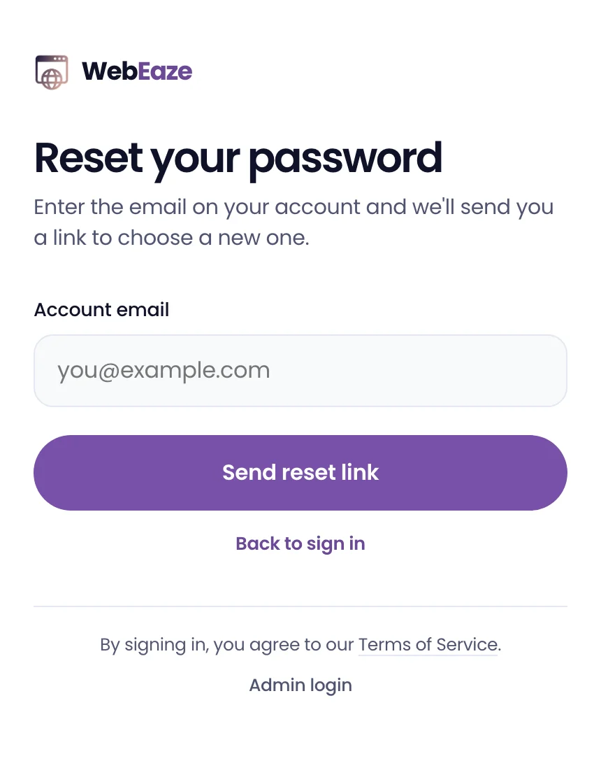 The Reset your password screen, with the account email box and the Send reset link button
