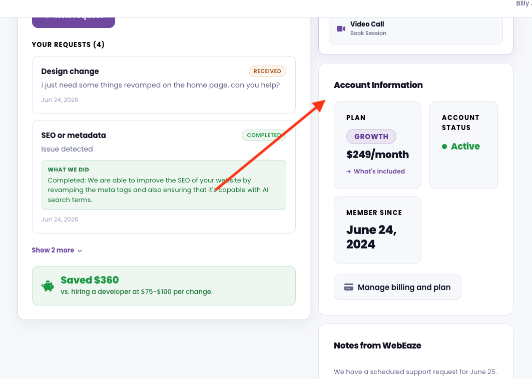 The Manage billing and plan button in the portal account section