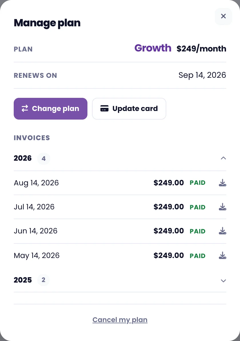 The plan and billing screen in the portal, where your payment method is changed
