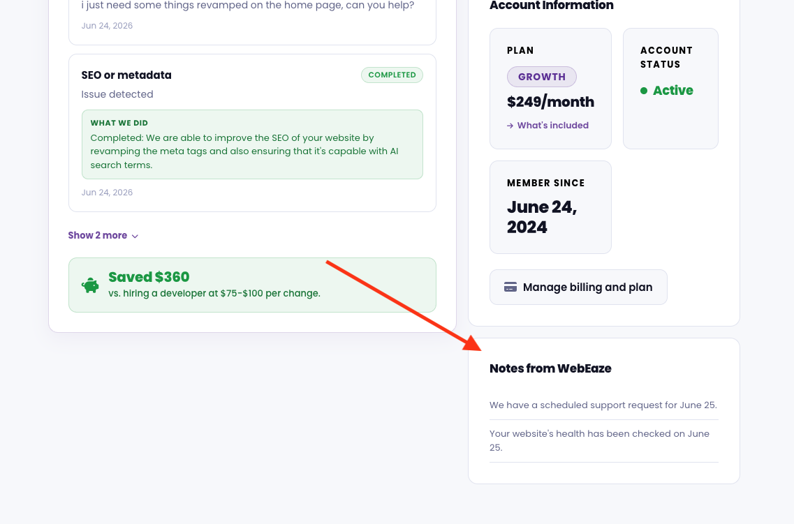The Notes from your team section in the portal