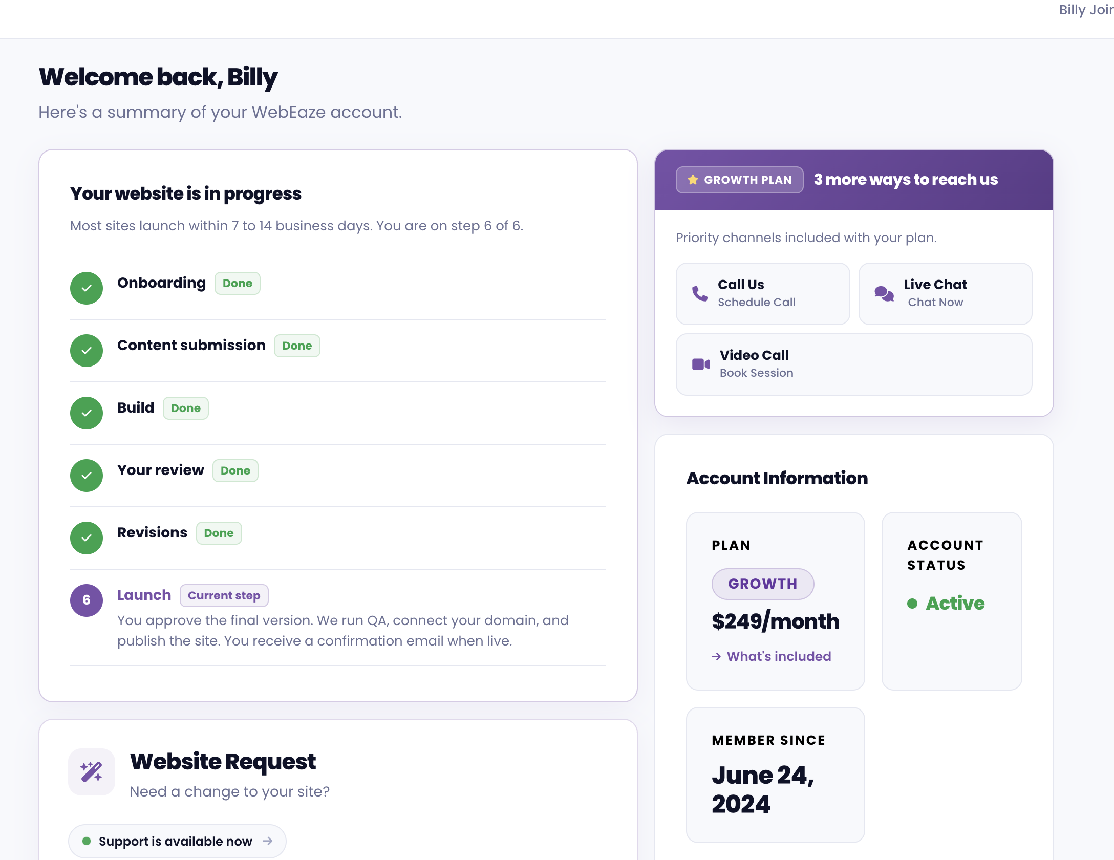 The onboarding process tracker inside the WebEaze client portal, showing each step of your website setup