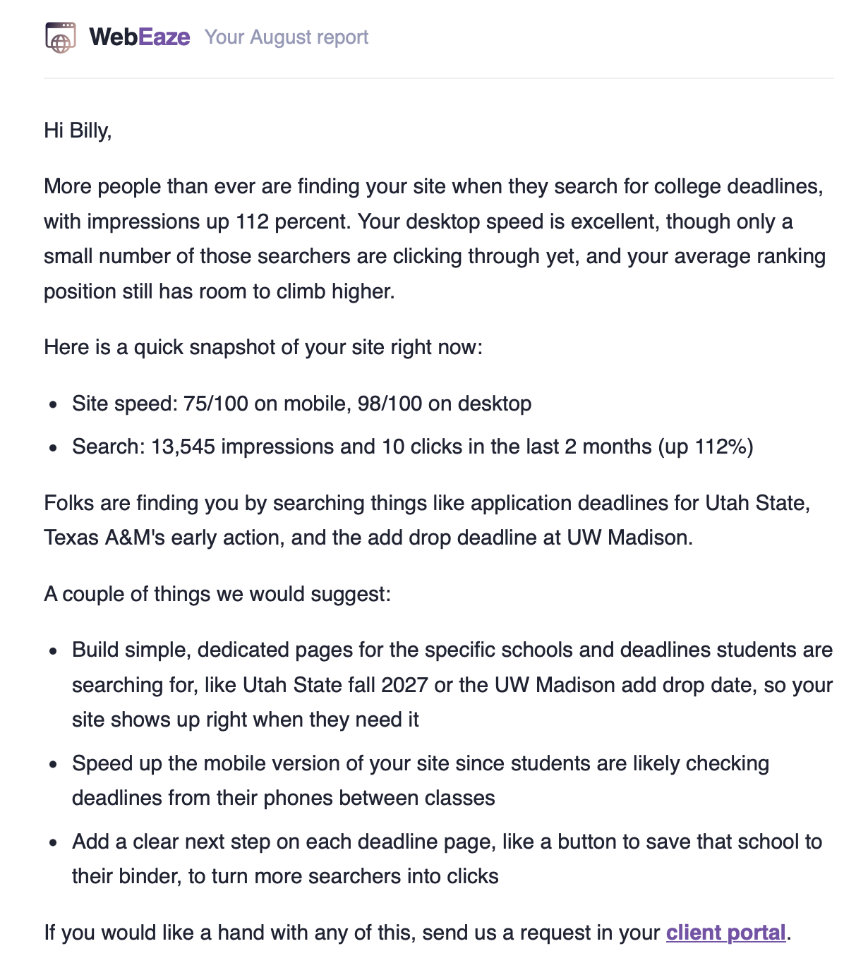 The monthly site report email: uptime for the month, a performance score, the requests completed and a note from your team