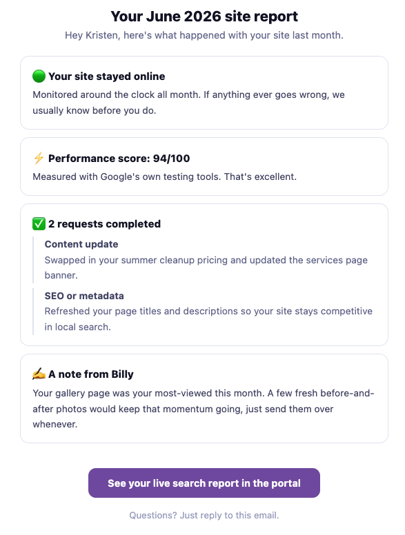 Example of a WebEaze monthly site report email