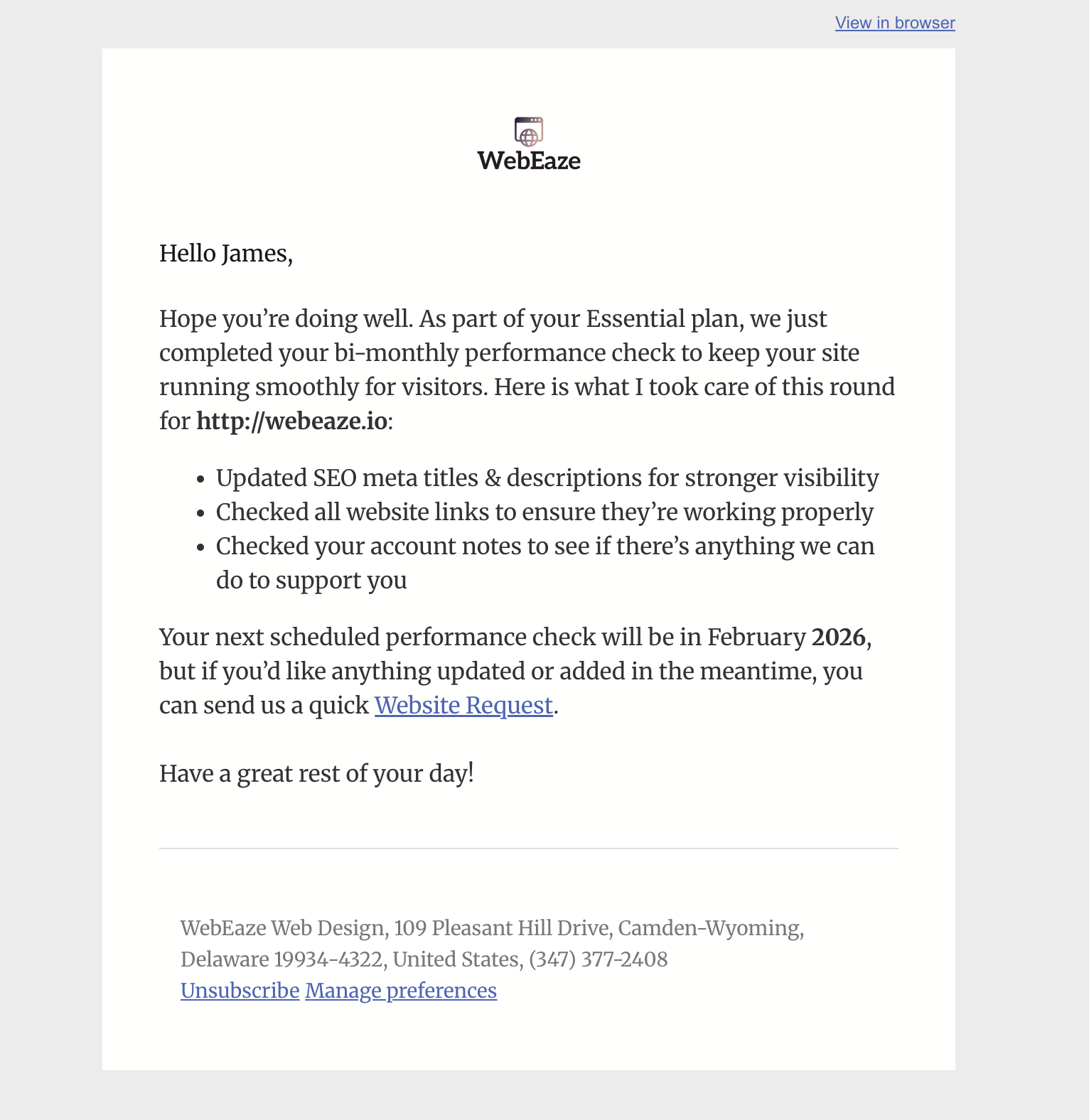 Example of a WebEaze monthly website report