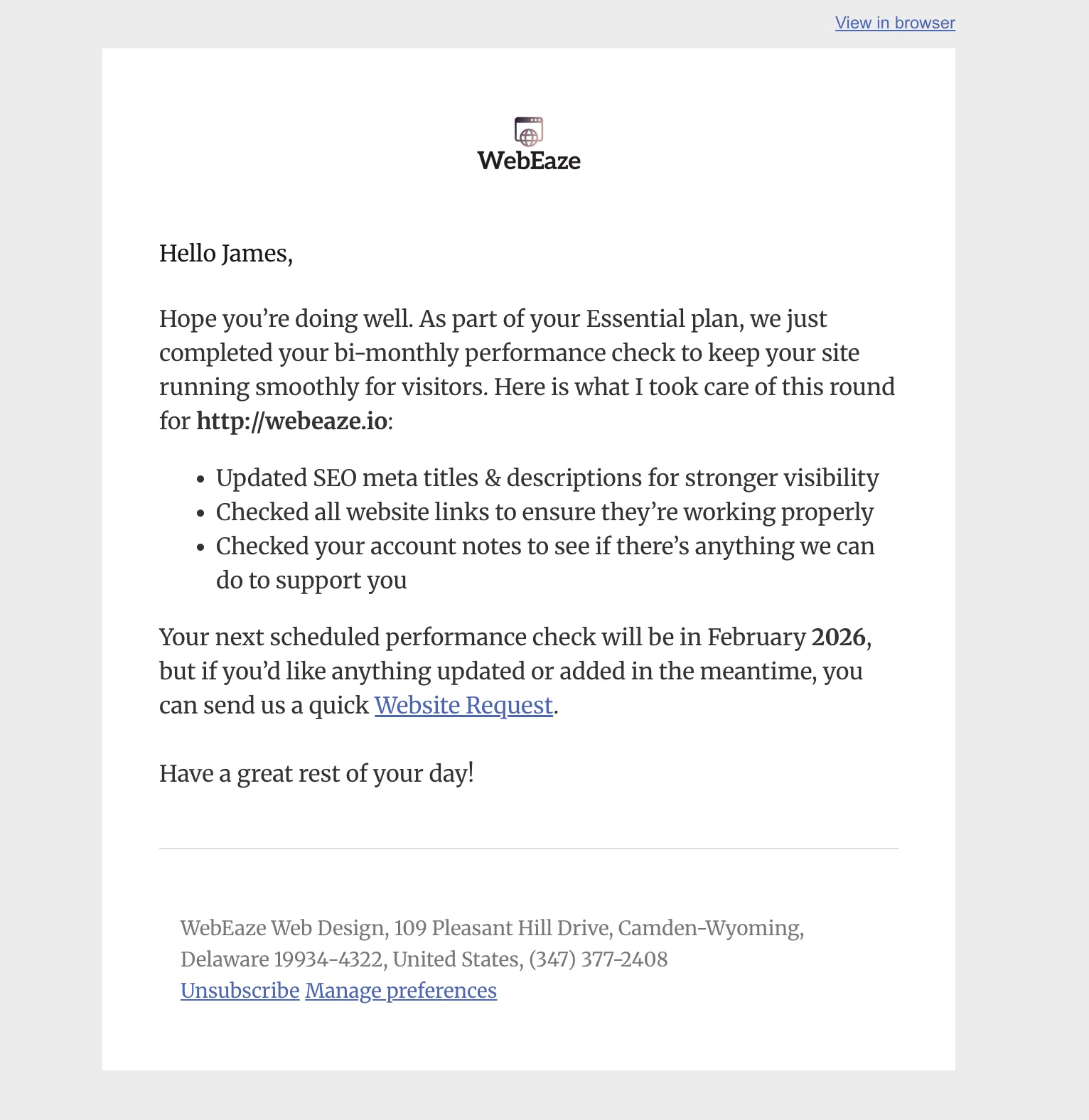 Example of a WebEaze monthly website report