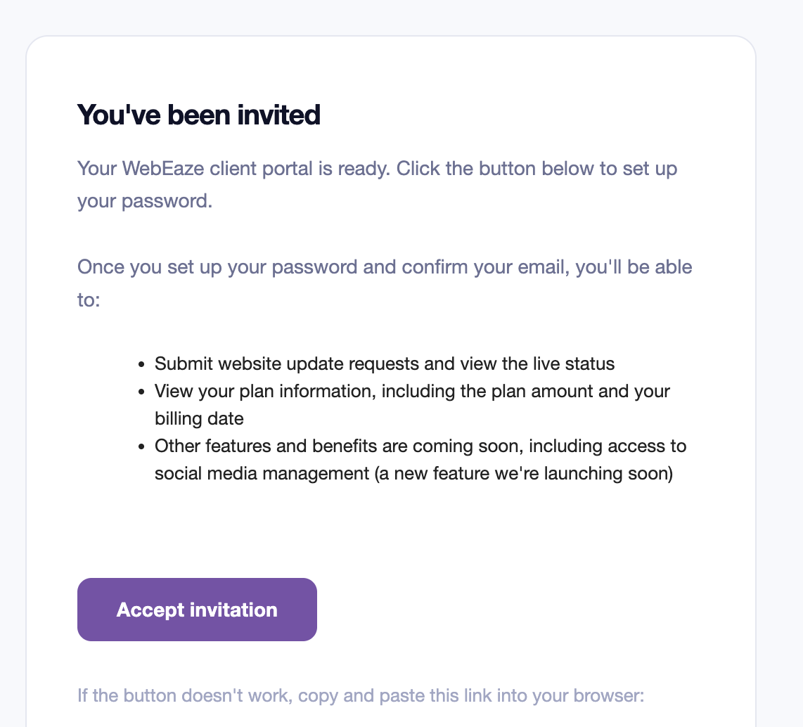 The portal invite email from WebEaze
