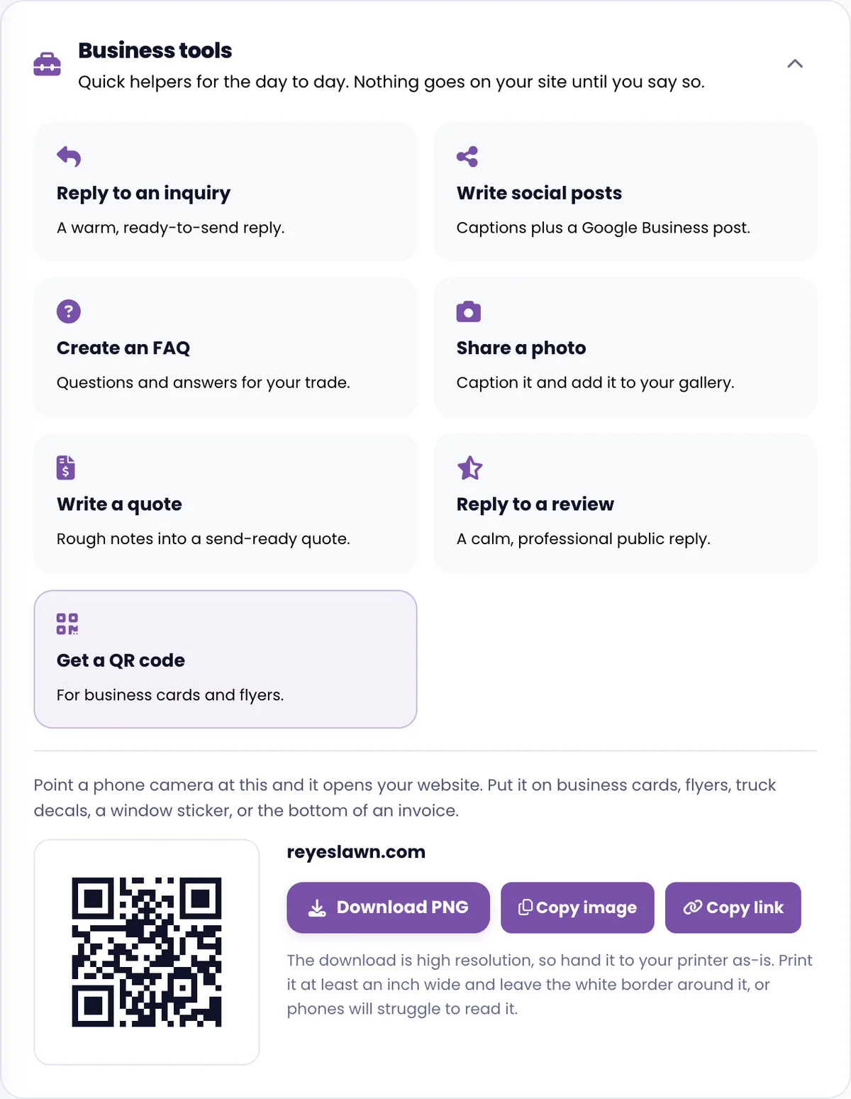 The QR code tool for generating a code to your site or reviews