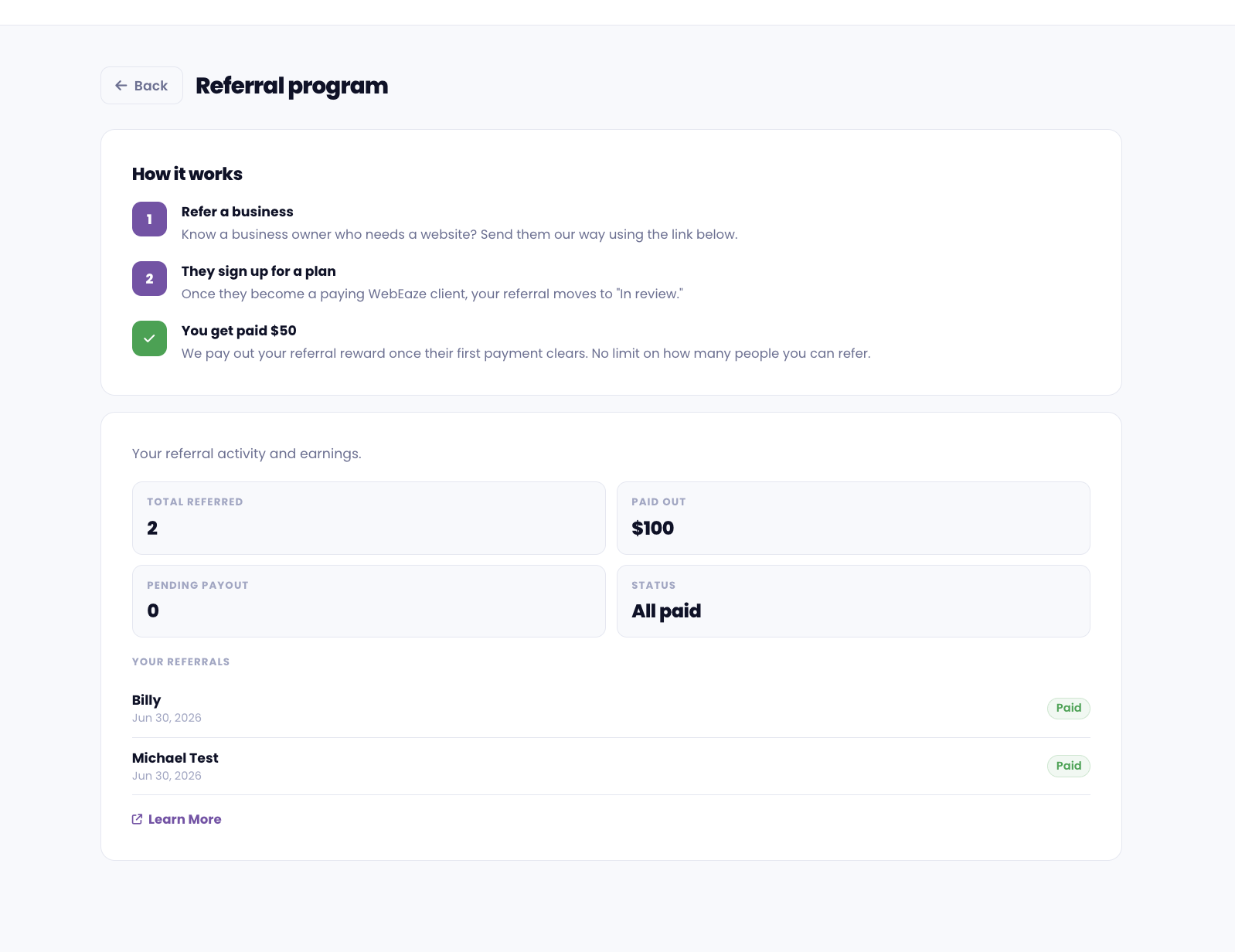 The referral program section showing current referrals and earnings