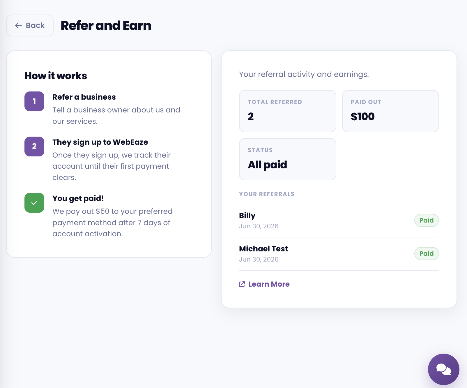 The Referrals section in the portal showing referral history and earnings