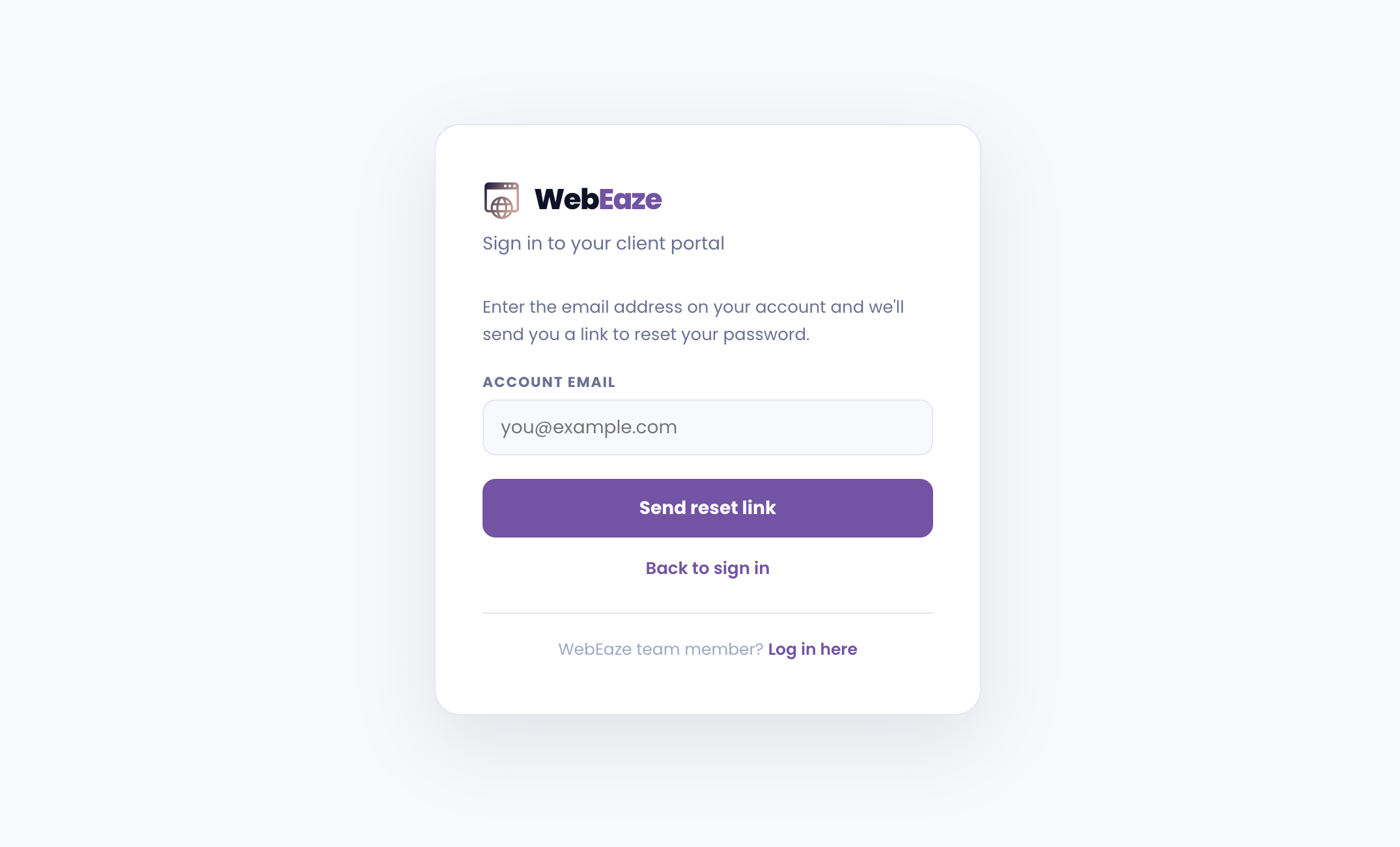 The password reset screen