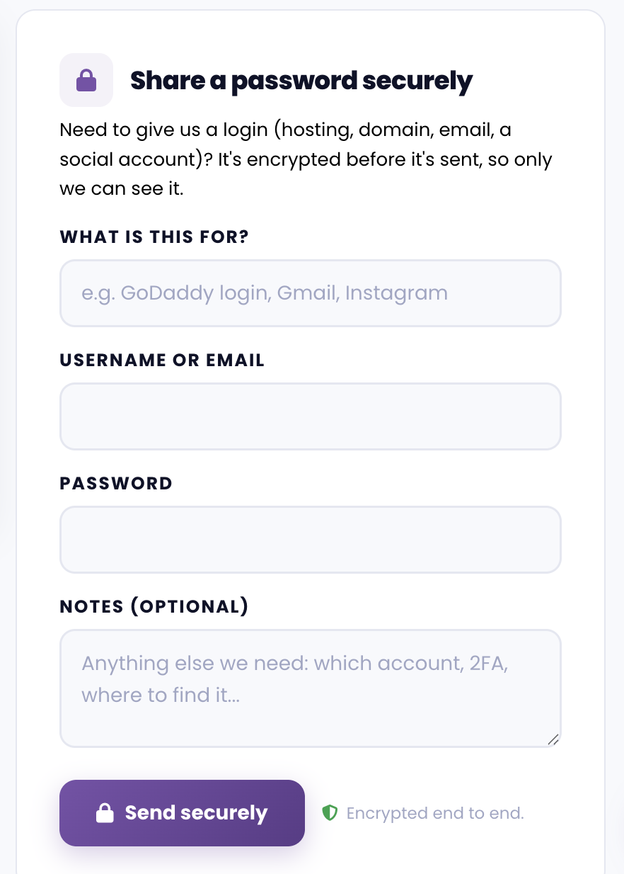 Securely submit your login credentials through the Site Setup wizard in your client portal.