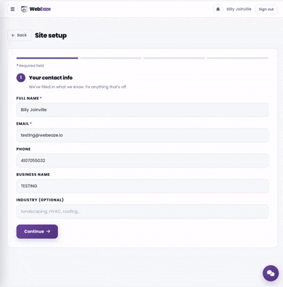 Walkthrough of the Site Setup showing where to update business information.