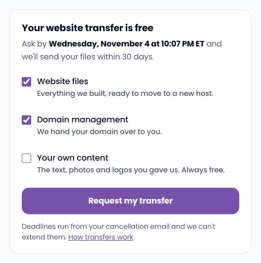 The Your website transfer section: website files, domain management and your own content, with the request button