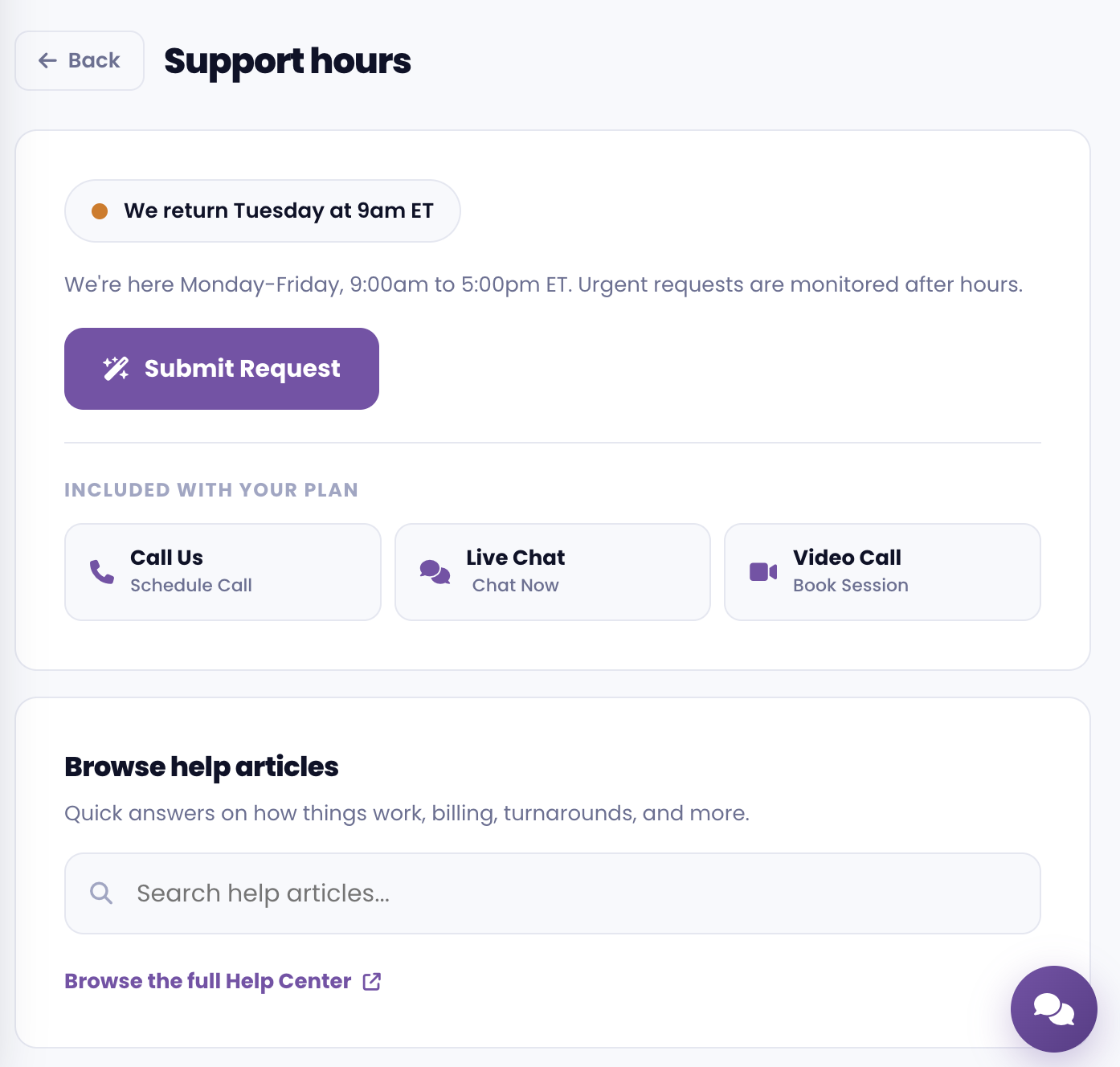 The support section showing current status, upcoming holidays, and recent updates