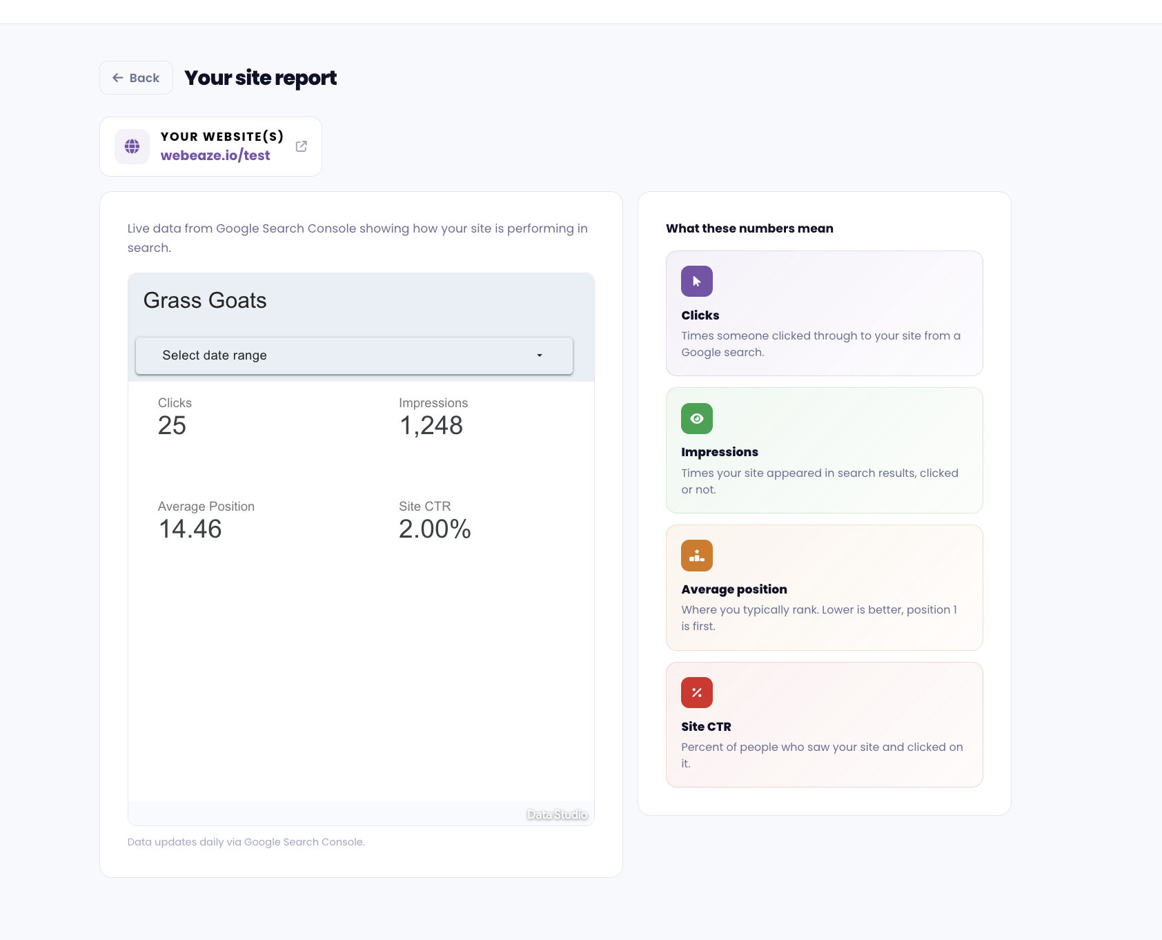 The site report showing performance, SEO, security, and more