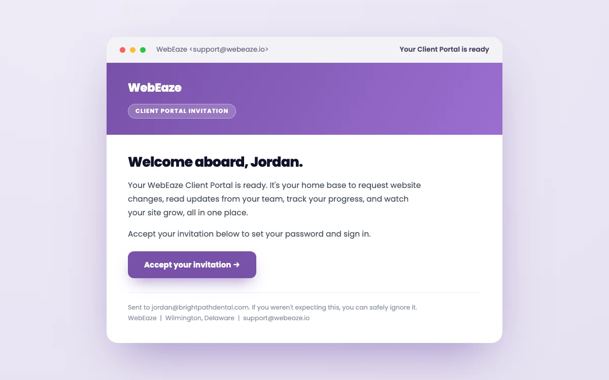 The WebEaze welcome email inviting you to your Client Portal