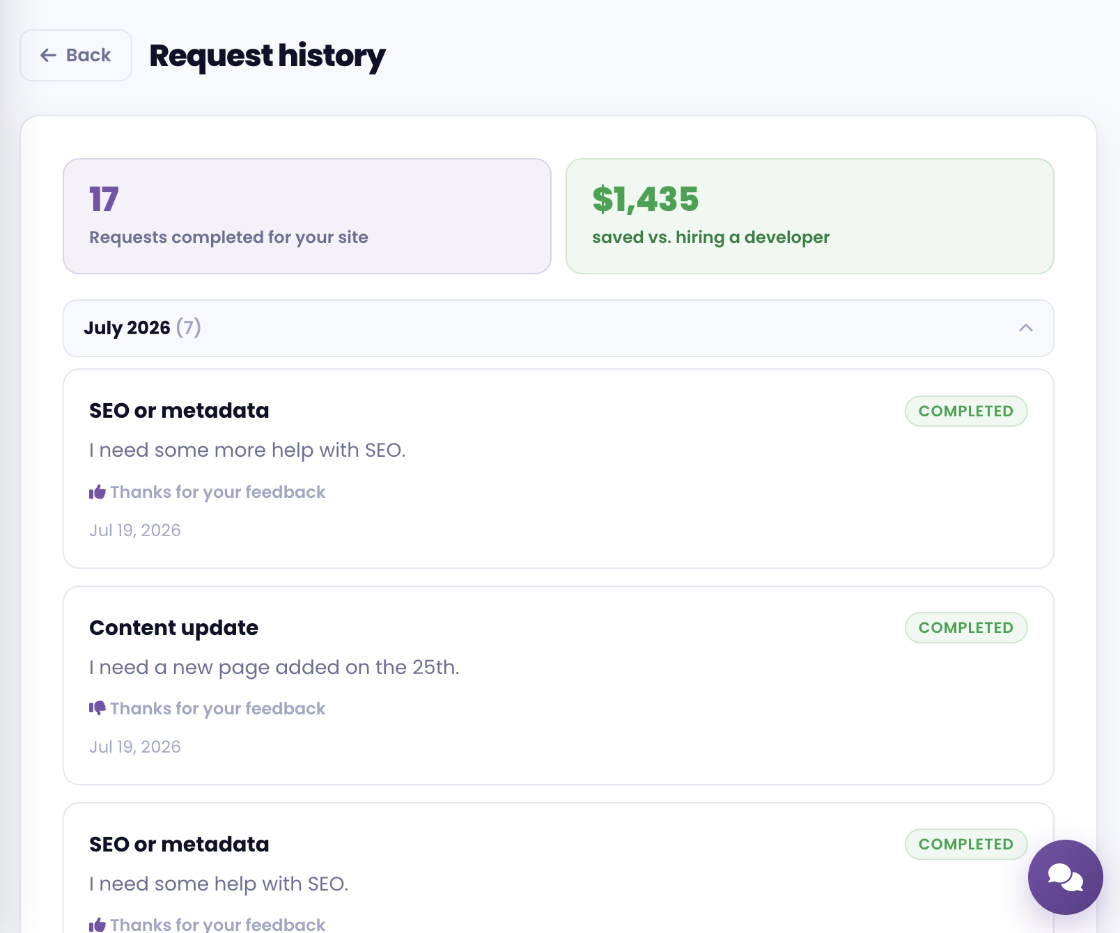The request history section showing a list of completed requests and total savings