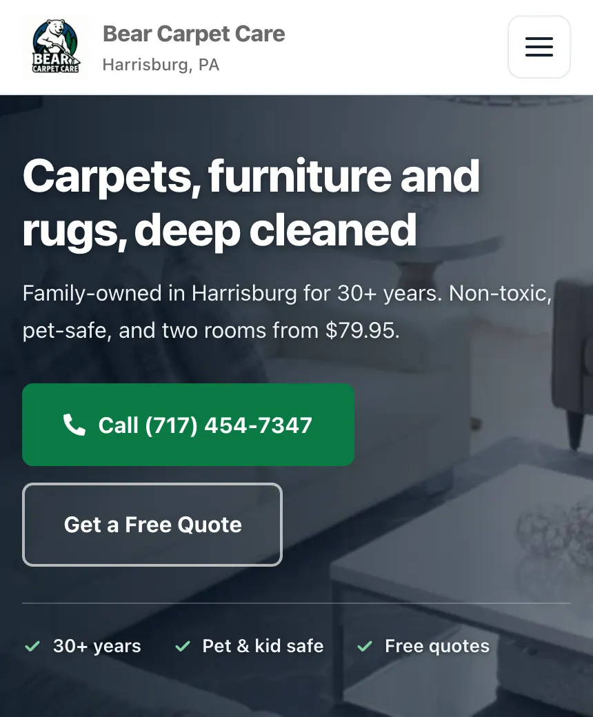 The Bear Carpet Care site on a phone with a call button in the hero