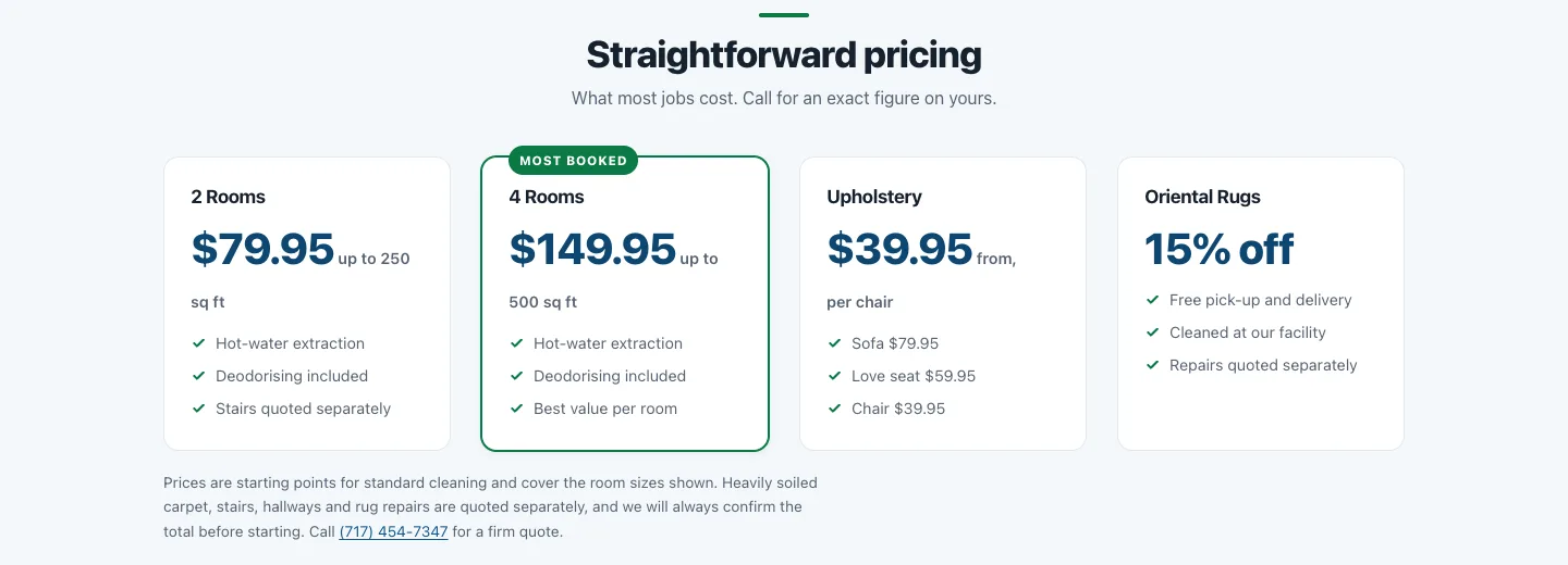 Published pricing cards for carpet, upholstery and rug cleaning