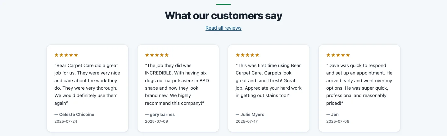 Five-star Google reviews shown on the Bear Carpet Care website