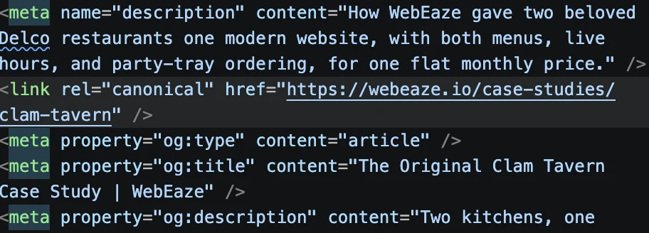 Search engine meta tags configured for local SEO