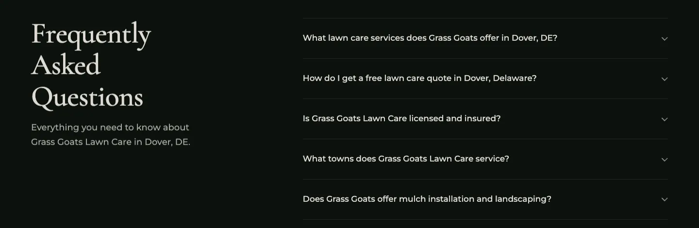 FAQ section answering local lawn care questions for Dover, DE