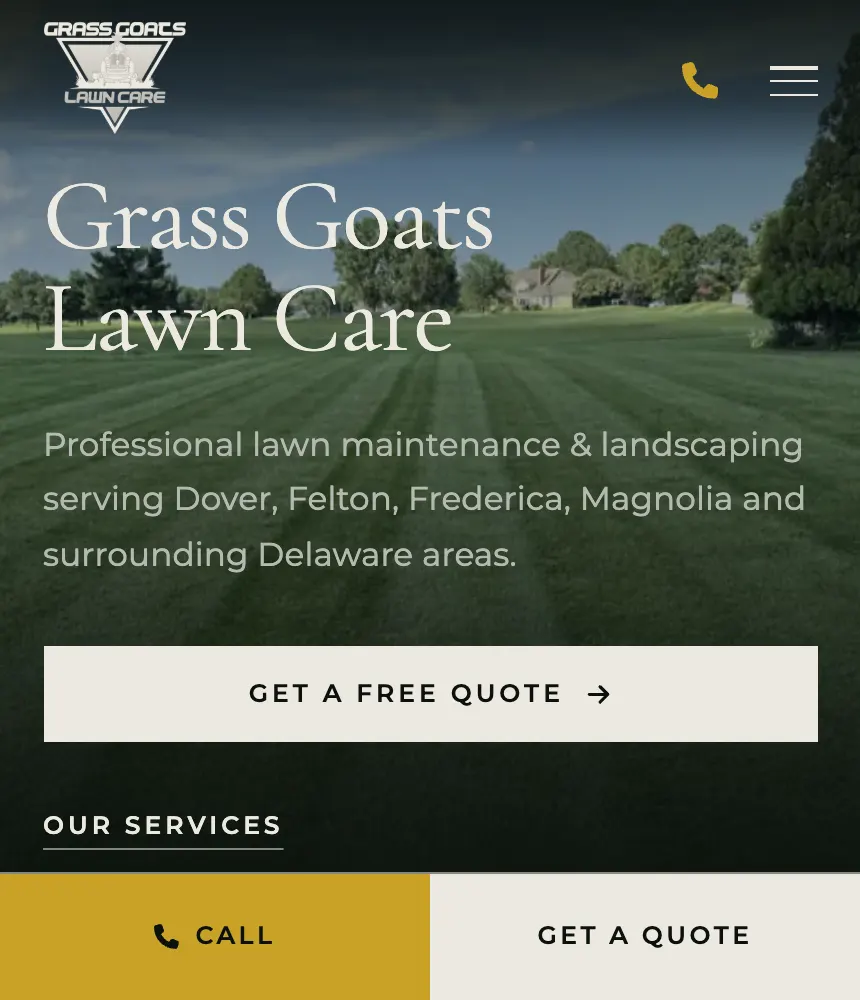 The Grass Goats site on a phone with a sticky call and quote bar