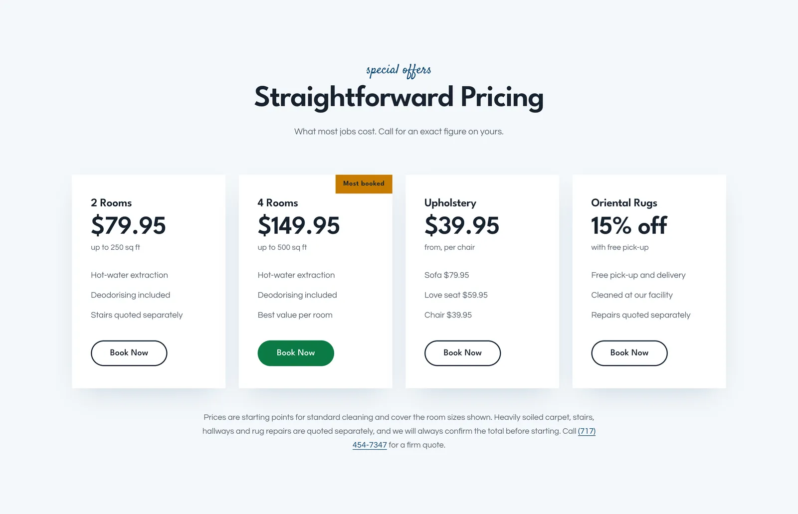 The pricing section of the Bear Carpet Care website