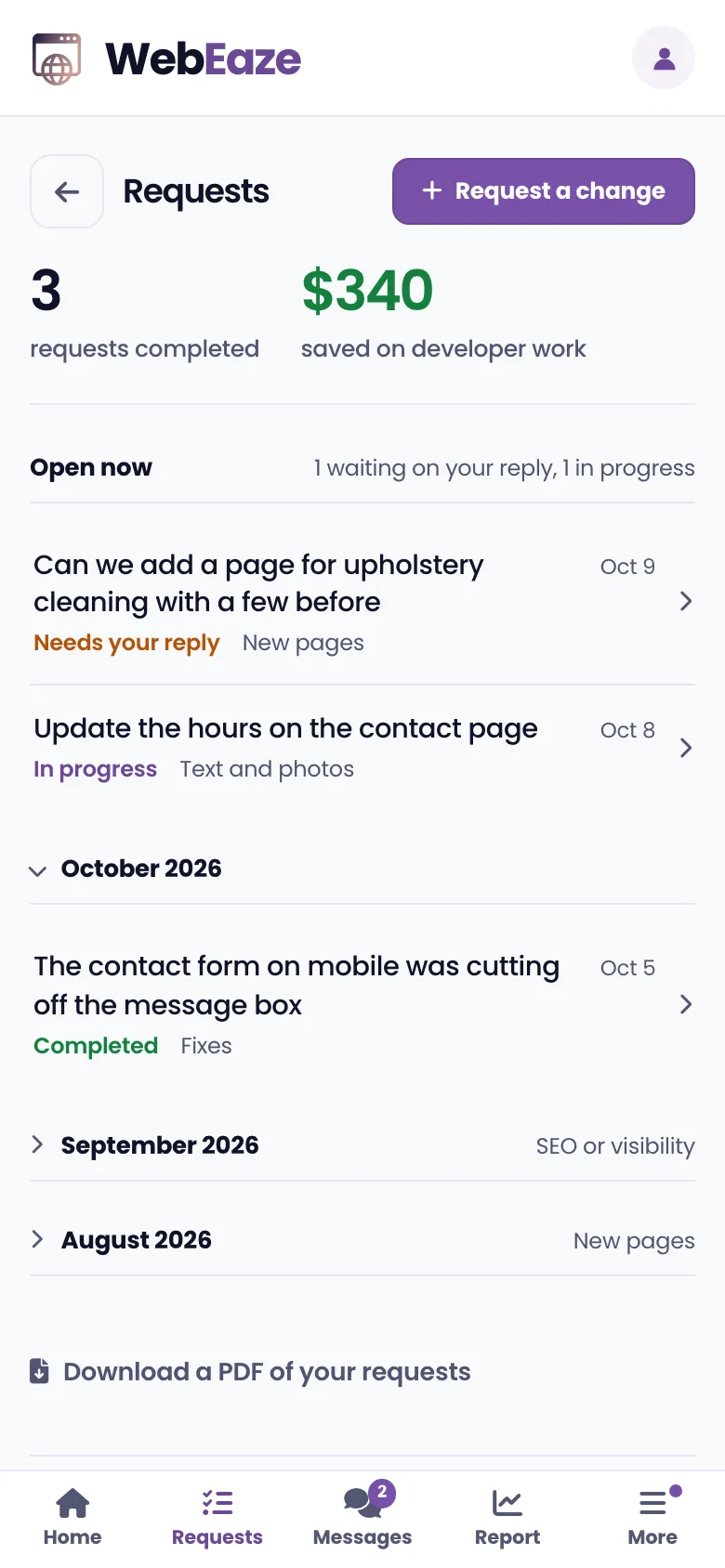 The Requests page in the Client Portal