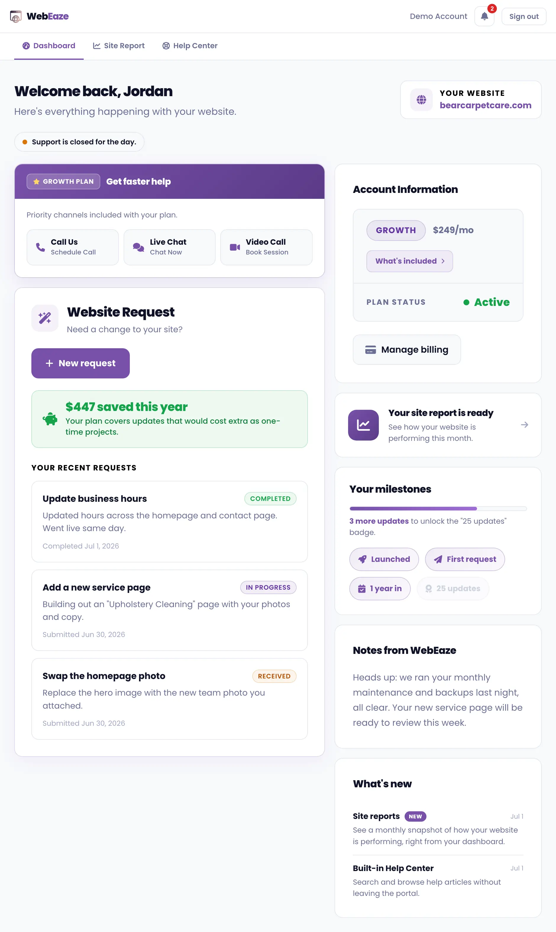 WebEaze client portal dashboard showing requests, plan status, and site report