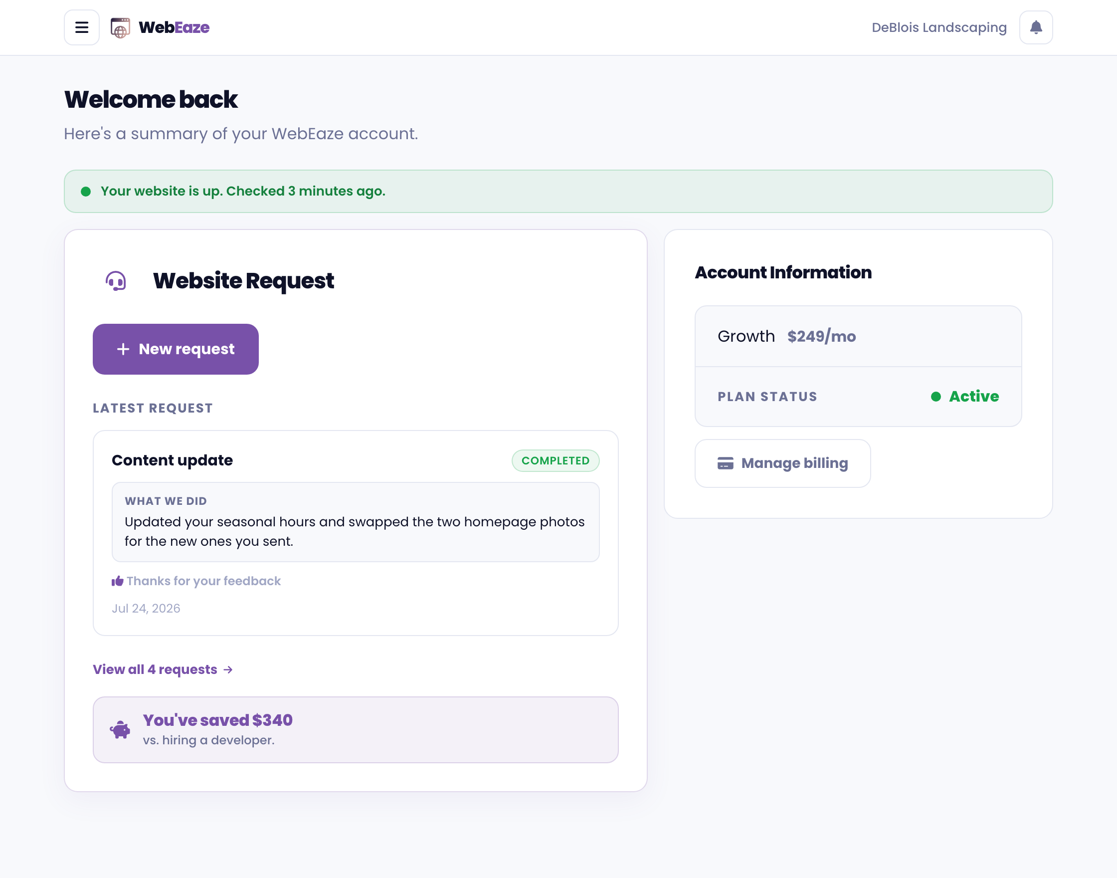 The Client Portal dashboard showing the site report, requests, and account overview