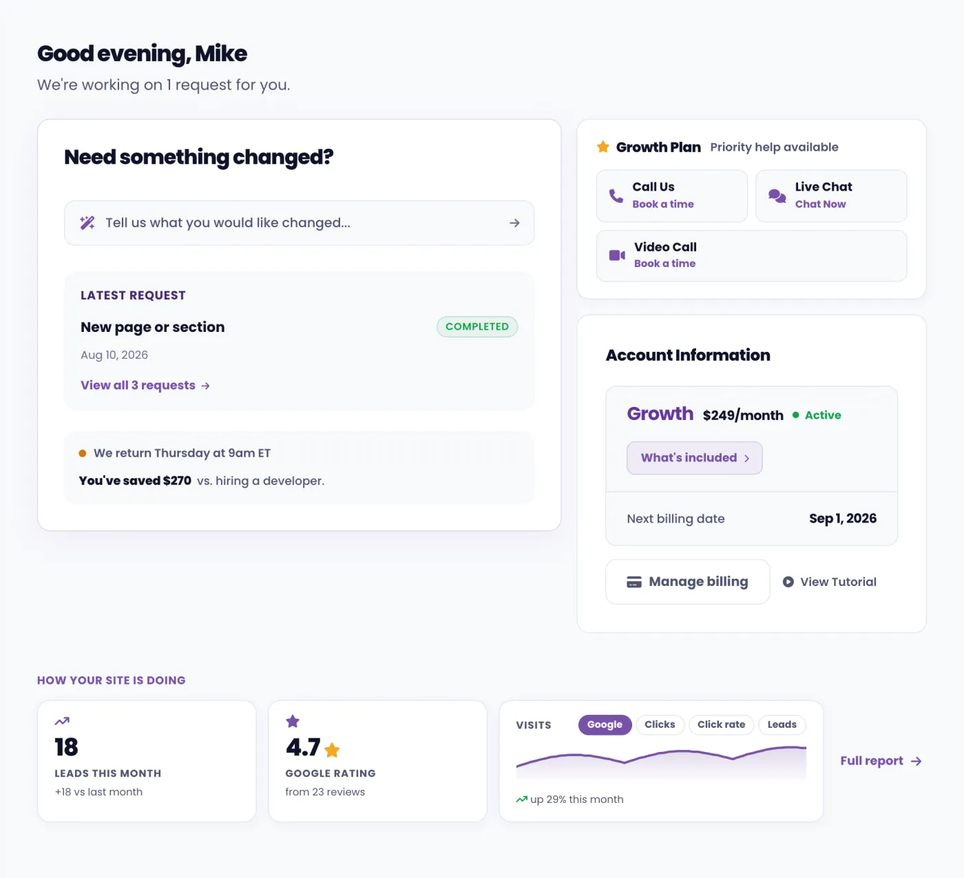 The WebEaze Client Portal dashboard showing website requests, plan status, and account information