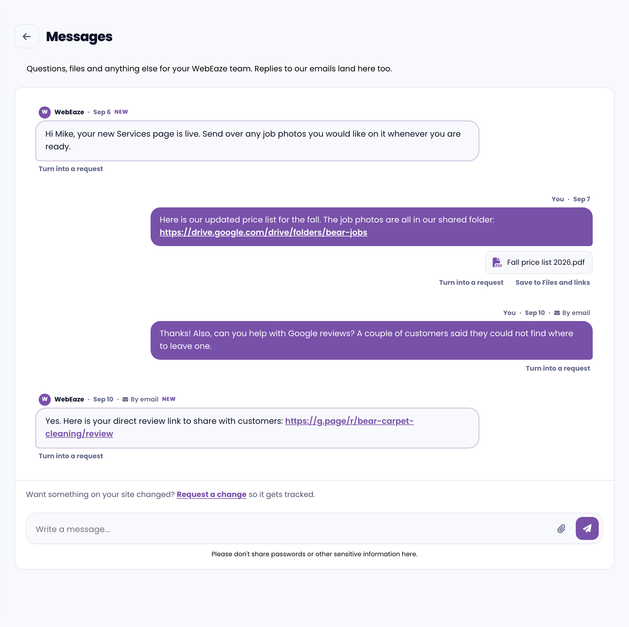 The Messages page in the portal, showing messages from WebEaze alongside your own