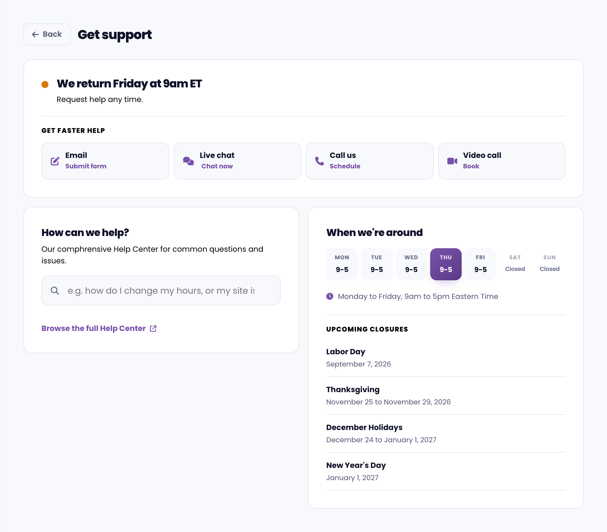 The support section showing current status, upcoming holidays, and recent updates