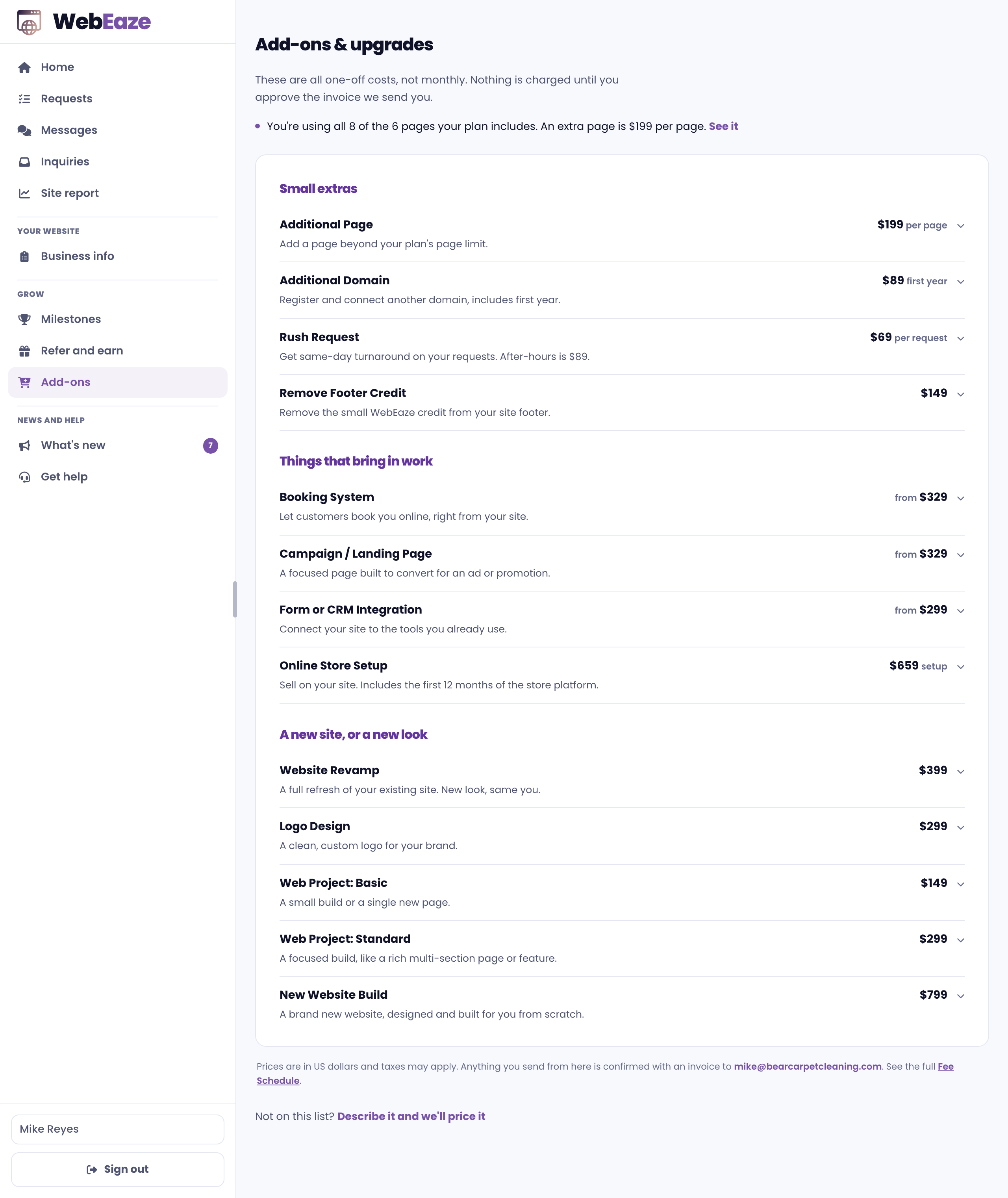The Add-ons and upgrades page in the portal, where you describe what you want and get a price back